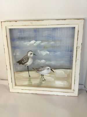 Blue/Tan Screen Painted Beach Birds Framed Art