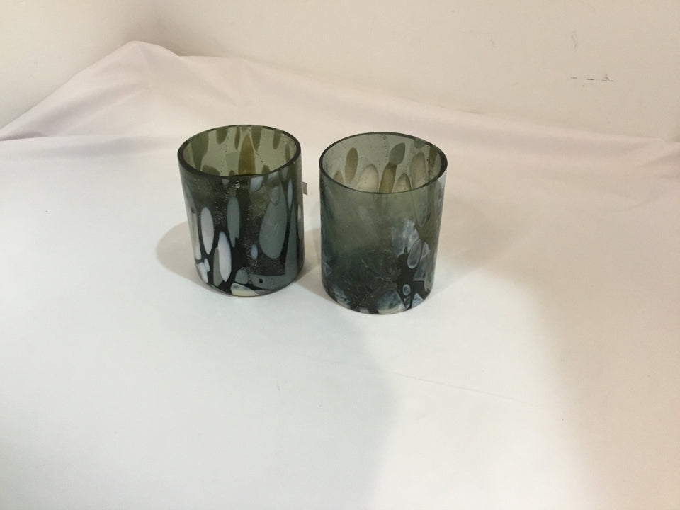 CB2 Pair Green Glass Candle Holder