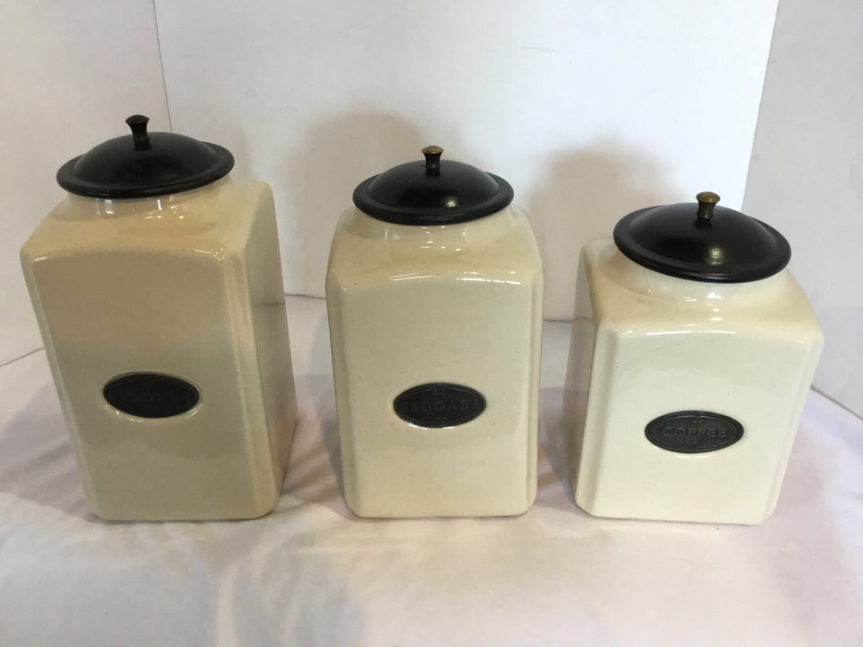 HOME Set of 3 Cream/Black Ceramic/Wood Canister Set