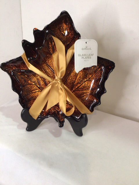 HALLMARK Pair Orange Glass Leaves Plate Set