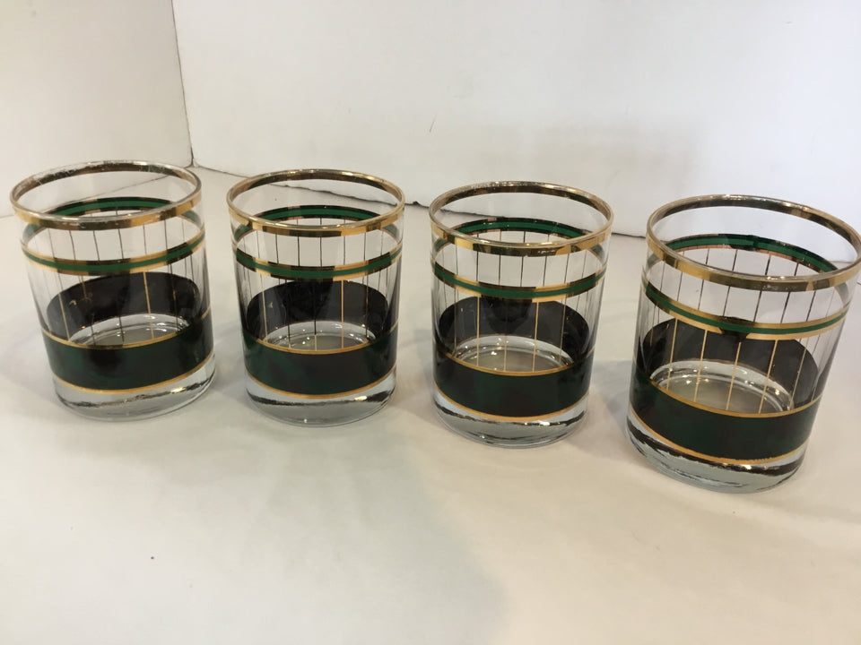 Set of 4 Green/Gold Glass Glasses