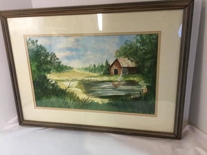 Signed Green/Blue Painted Farmstead Framed Art