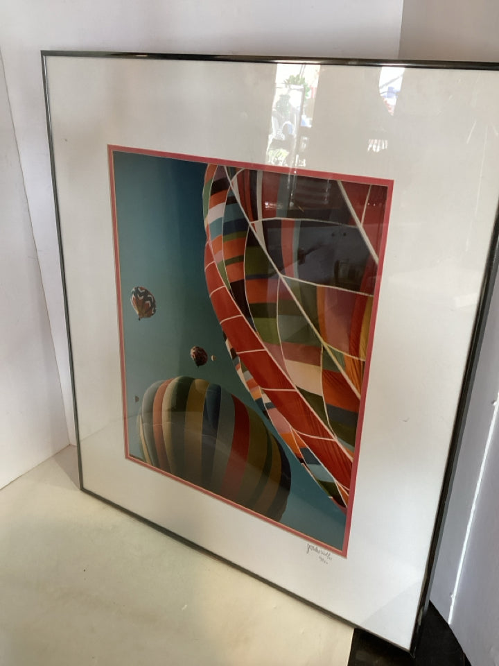 Signed Print Blue/Multi Hot Air Balloon Framed Art