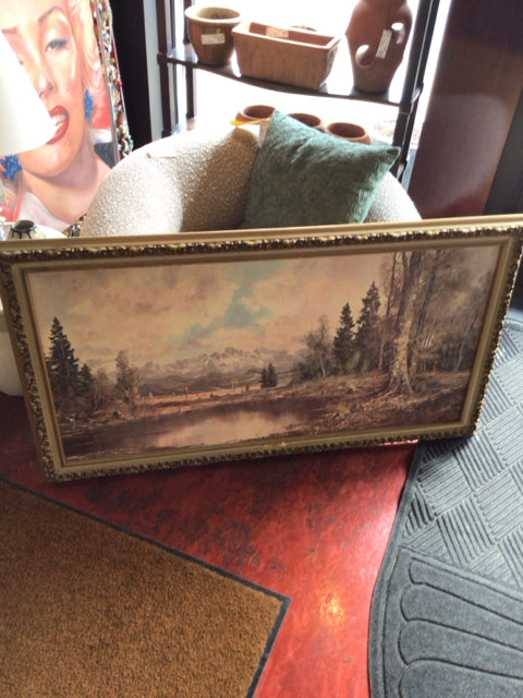 Mid Century Blue/White Landscape Framed Art