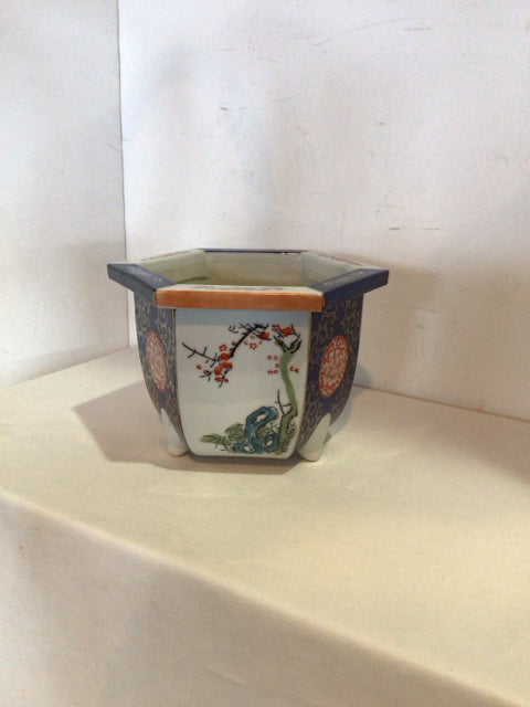 Footed Blue/Multi Ceramic Floral Planter