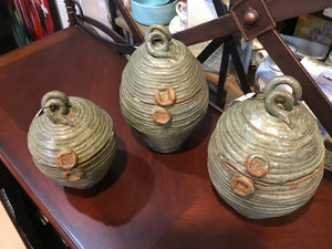 Vintage Set of 3 Green Pottery Canister Set