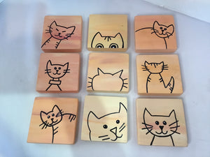 Set of 9 Tan/Black Wood Cat Blocks