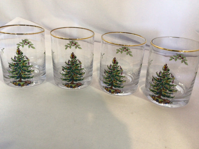 Spode Glasses Clear/Green Glass Christmas Tree Set of 4 Holiday Item