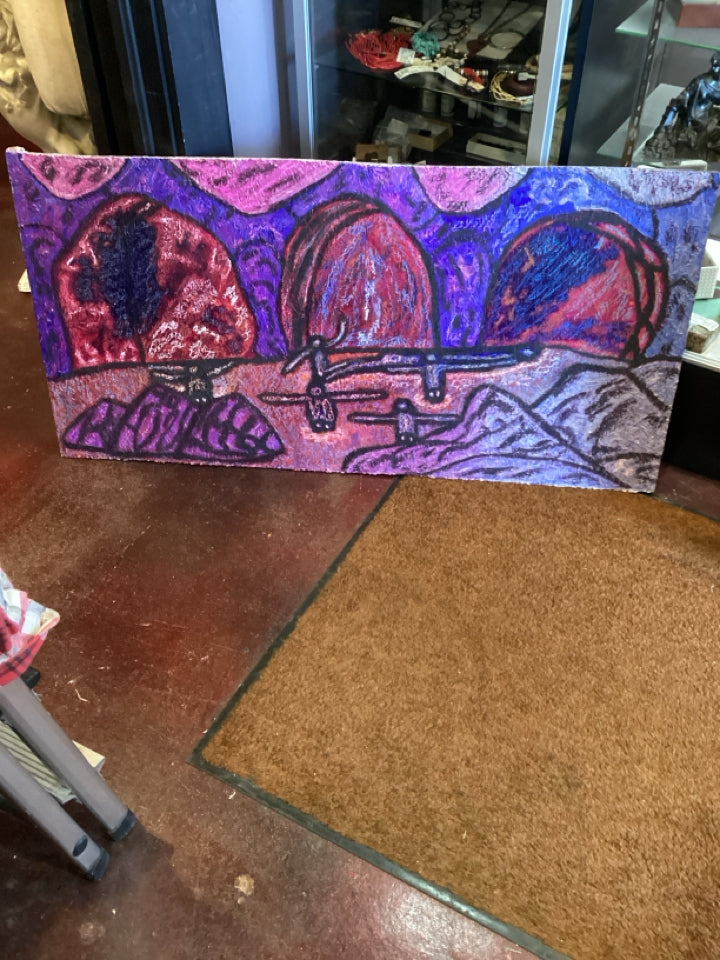 Painted Wood Desert Scene Red/Purple Wall Decoration Art