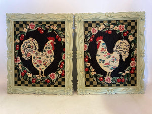 Vintage Green/Black Rooster Pair Framed Art
