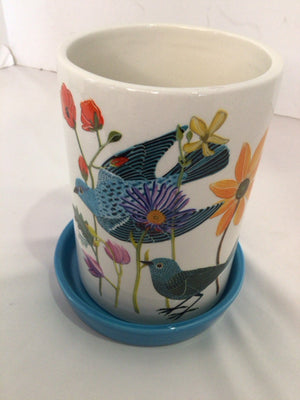 2 Piece White/Multi Ceramic Birds Flowers Candle Holder