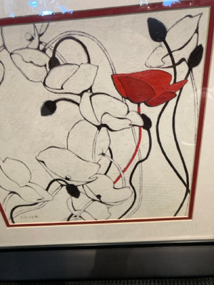 Signed White/Red Floral Framed Art