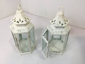 Pair White Metal Candle Holder Lantern