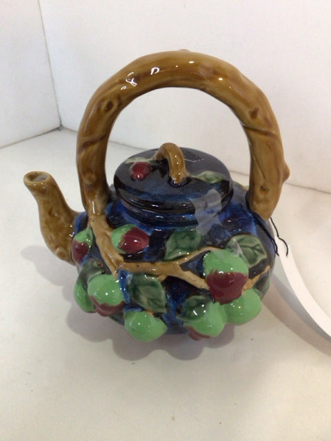 Majolica Blue/Brown Ceramic Fruit Tea Pot
