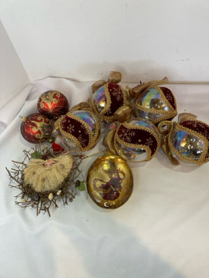 Set of 9 Red/Gold Glass Holiday Ornaments