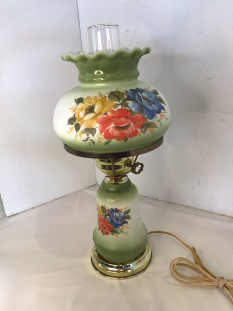 Vintage White/Green Glass Floral Hurricane Lamp