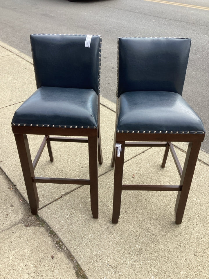 Pair Leather NailHead Blue Barstool/Bar Stool