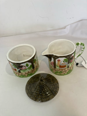 Green/Brown Ceramic Village Sugar/Creamer