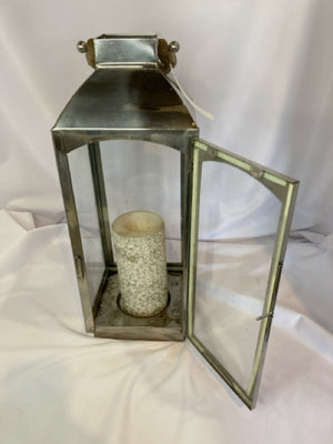 Lantern Silver Metal/Wood w/Candle Candle Holder