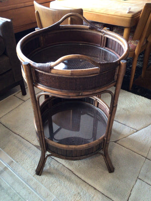 Mid-Century Rattan Round Tiered Brown Cart