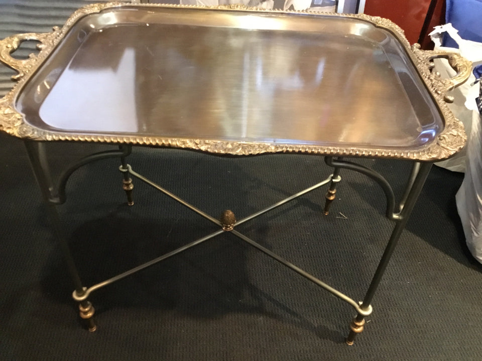 Vintage Tea Table Silver Metal On Stand Tray