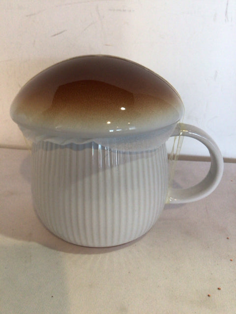 World Market Lidded White/Brown Ceramic Mushroom Mug