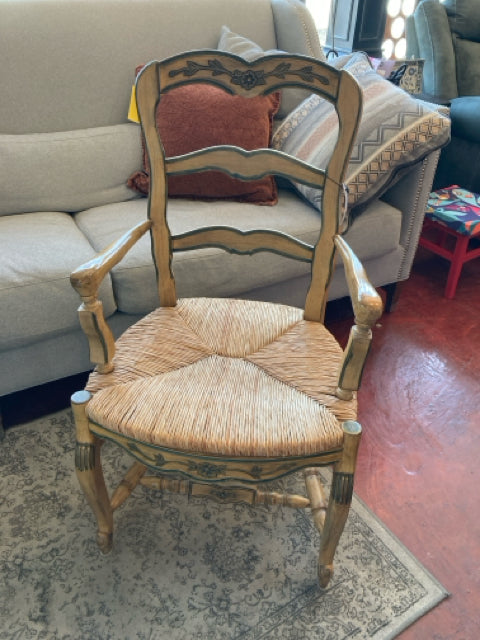 French Country Rush Open Arm Painted Tan Chair