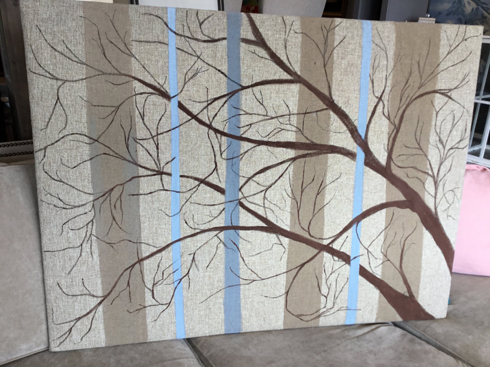 Tan/Blue Burlap Trees Stretch Canvas Art