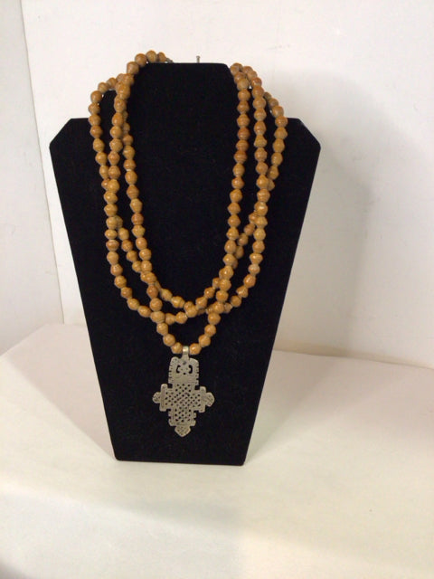 Wood Brown/Silver Beaded Necklace