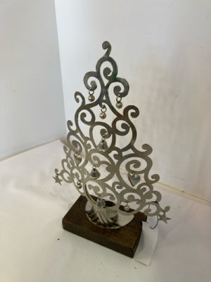 Candle Holder Brown/Silver Wood/Metal Christmas Tree Holiday Item