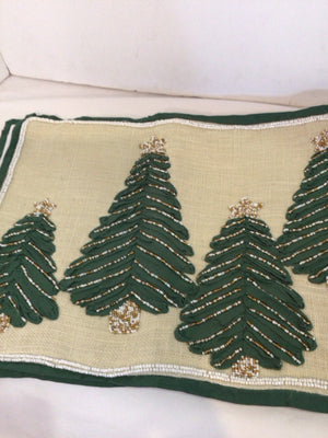 Christmas Natural/Green Burlap Table runner Trees Holiday Item