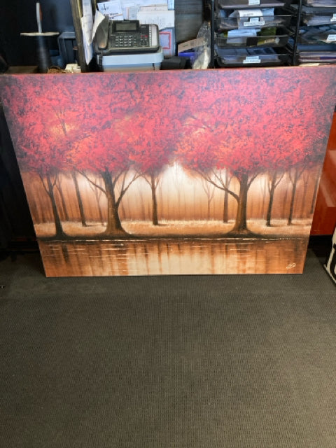 Signed Red/Brown Trees Stretch Canvas Art