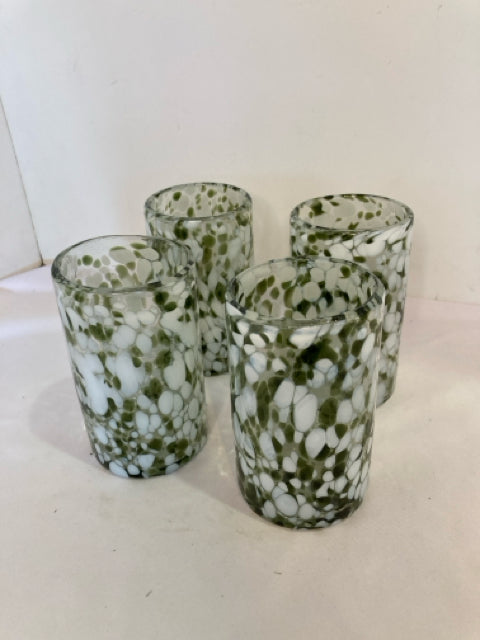 Set of 4 Green/White Glass Polka Dot Glasses