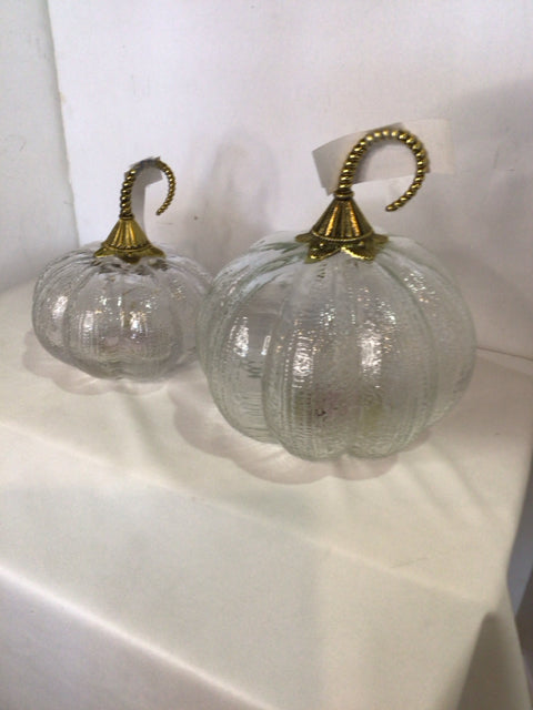 Pair Clear/Gold Glass & Metal Pumpkin Light up Holiday Item