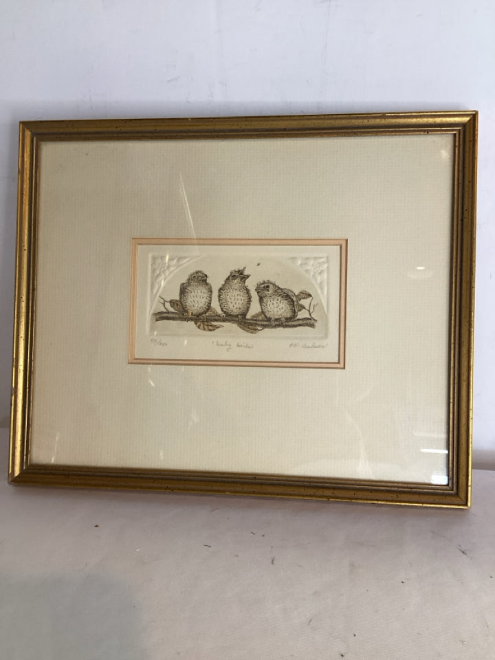 Signed Cream/Gold Birds Framed Art