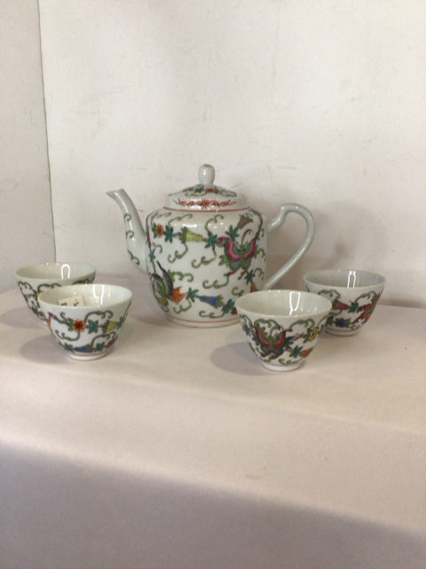 Oriental White/Multi Porcelain 5 Piece Set Tea Set