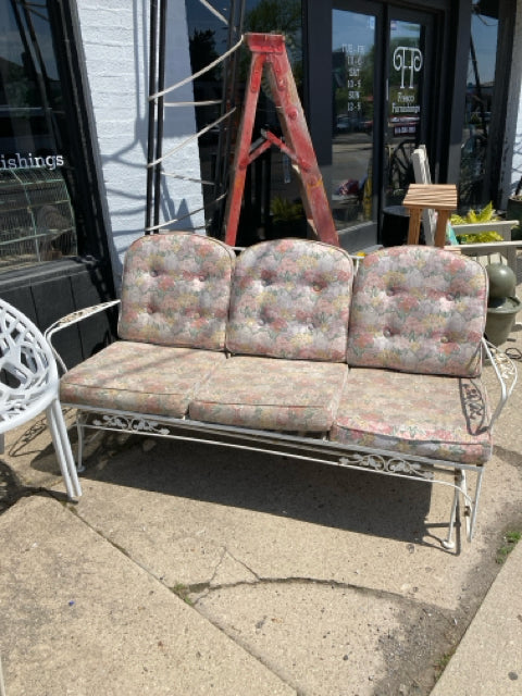 Vintage Outdoor/Outside Iron Glider w/Cushion White Sofa