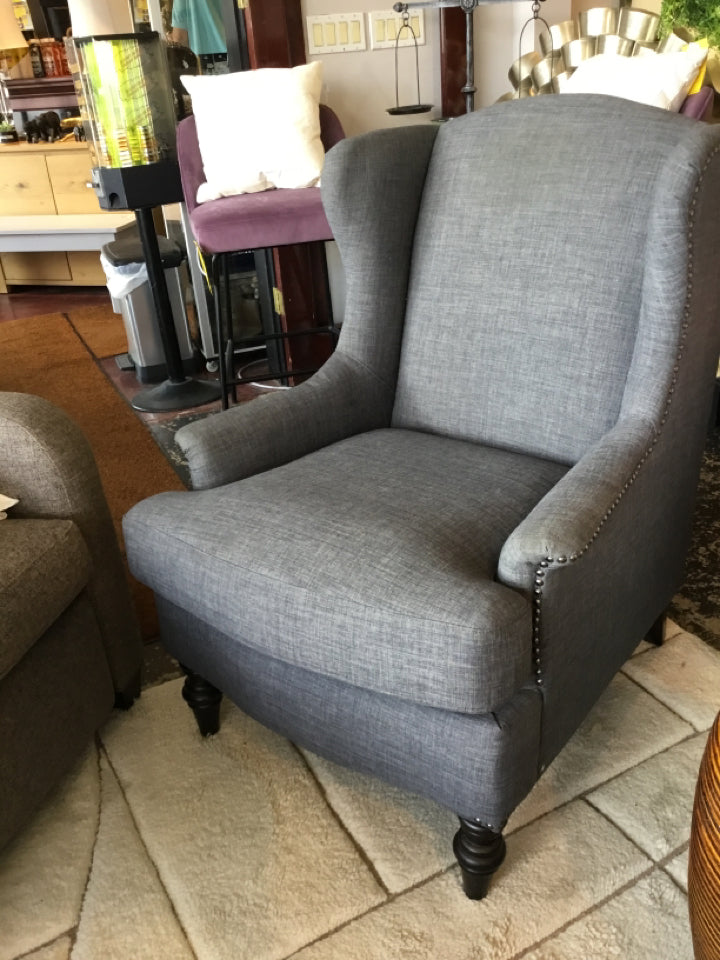 Wing Back Tweed NailHead Gray Chair