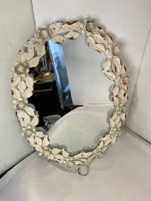 Vintage White Metal Oval Floral Mirror