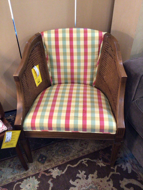 Barrel Caned Plaid Yellow/Red Chair