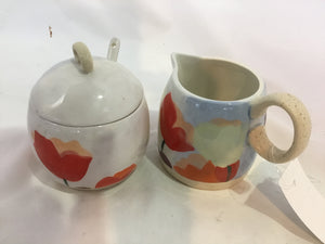 Anthropologie White/Red Ceramic Tulip Sugar/Creamer