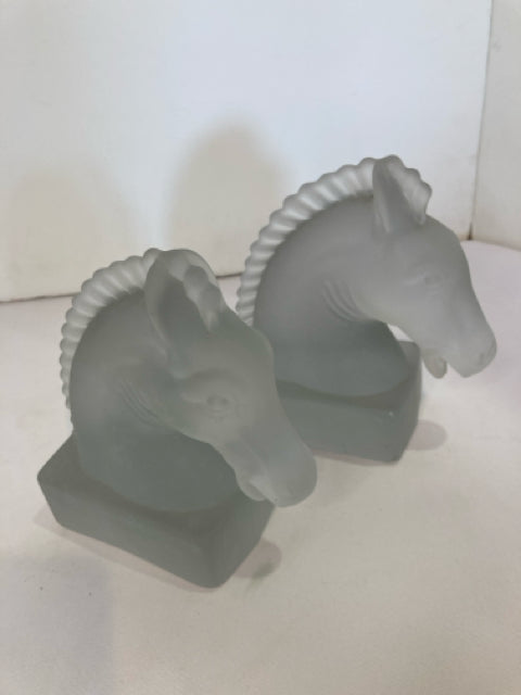 Clear Frosted Glass Horse Head Book Ends