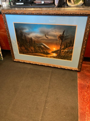 Signed Blue/Brown Mountains Eagle Framed Art