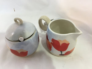 Anthropologie White/Red Ceramic Tulip Sugar/Creamer