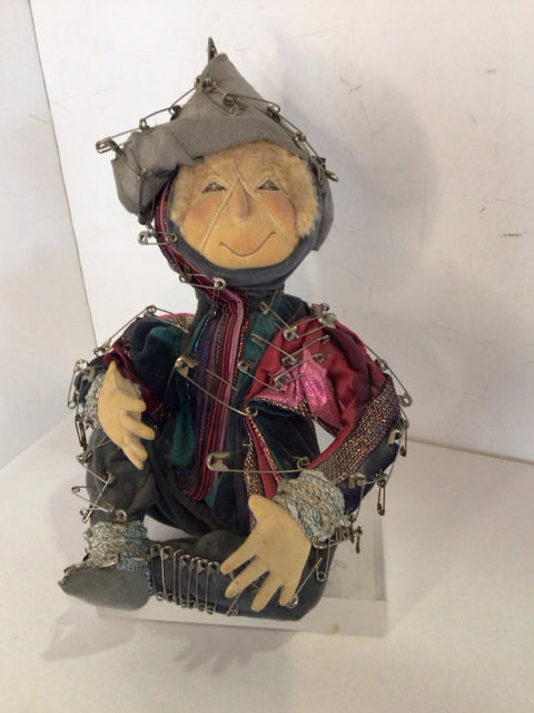 Primitive Gray/Pink Safety Pins Elf On Stand Figurine