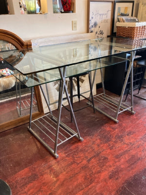 Desk Glass/Metal 1 shelf 4 Pieces Clear/Gray Table