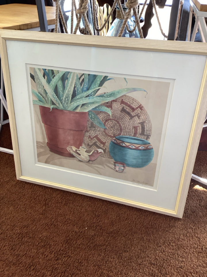 Signed Green/multi Plant In Planter Framed Art