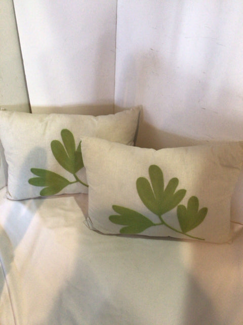 Pair Cream/Green Cotton Embroidered Leaf Pillow Set