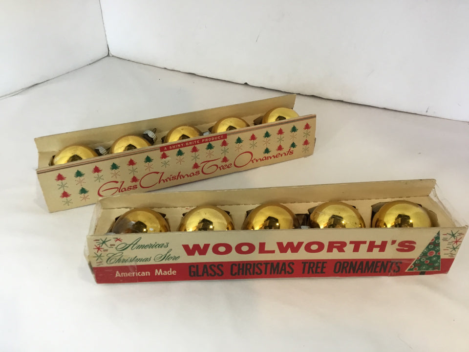 Shiny Brite Christmas Gold Glass Ornaments Set of 10 Holiday Item