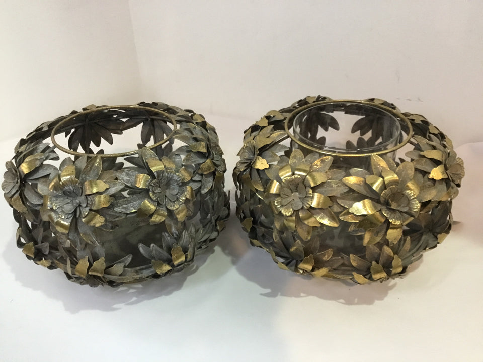 Pair Gold Metal Flowers Candleholder(s)